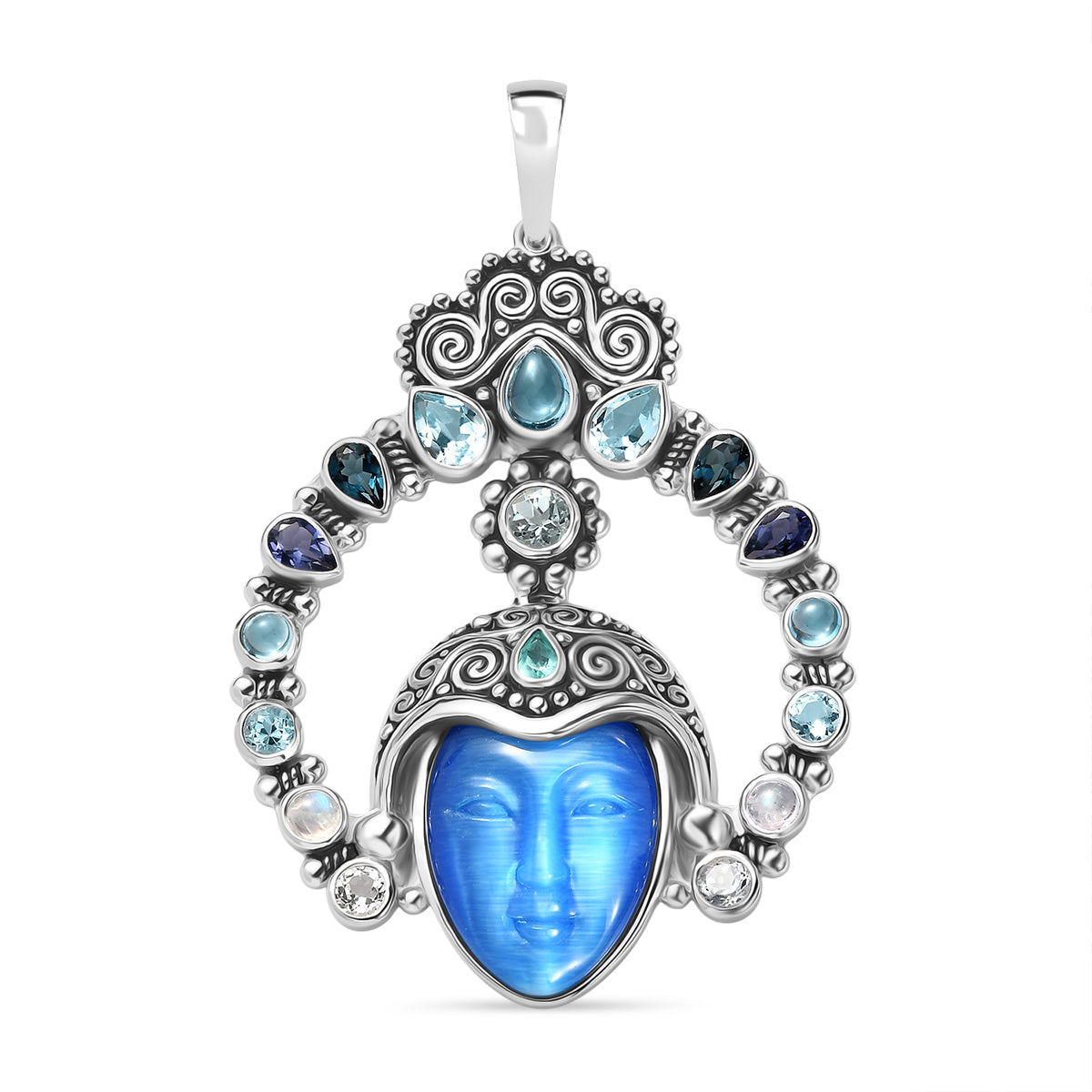 Sajen Silber - Göttin Aquamarin, Amethyst, Schweizer Blautopas, London Blautopas Anhänger 925 Silber rhodiniert ca. 28.68 ct