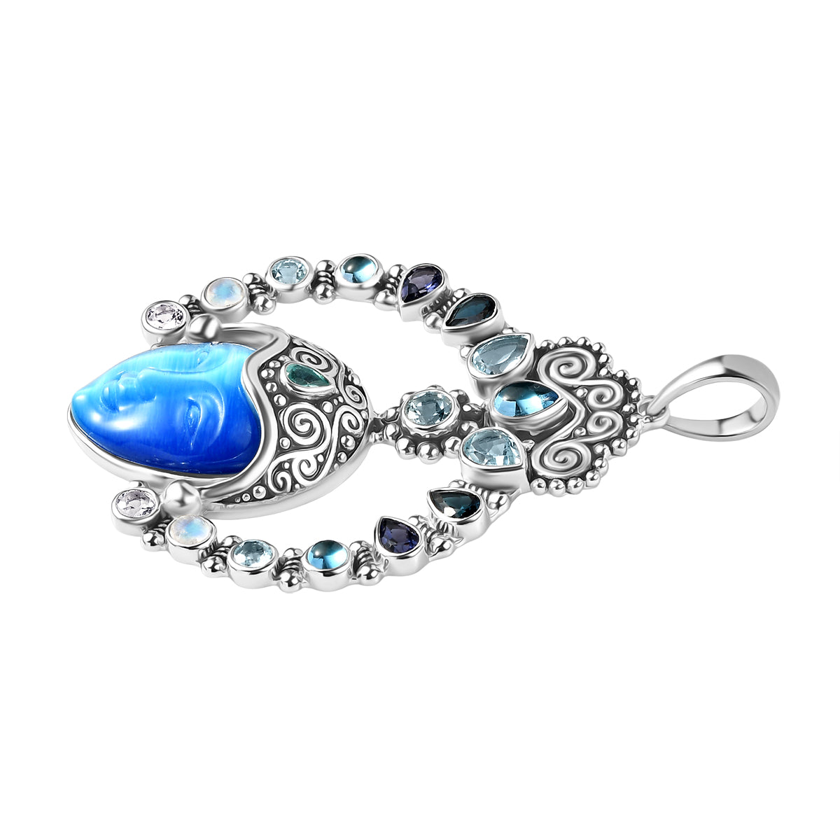 Sajen Silber - Göttin Aquamarin, Amethyst, Schweizer Blautopas, London Blautopas Anhänger 925 Silber rhodiniert ca. 28.68 ct