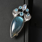 Sajen Silber - AAA Labradorit, Regenbogen Mondstein, Schweizer Blautopas Anhänger 925 Silber rhodiniert ca. 28.11 ct