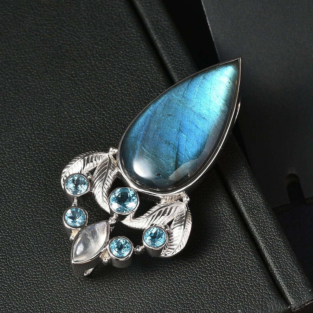Sajen Silber - AAA Labradorit, Regenbogen Mondstein, Schweizer Blautopas Anhänger 925 Silber rhodiniert ca. 28.11 ct