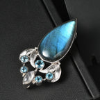 Sajen Silber - AAA Labradorit, Regenbogen Mondstein, Schweizer Blautopas Anhänger 925 Silber rhodiniert ca. 28.11 ct