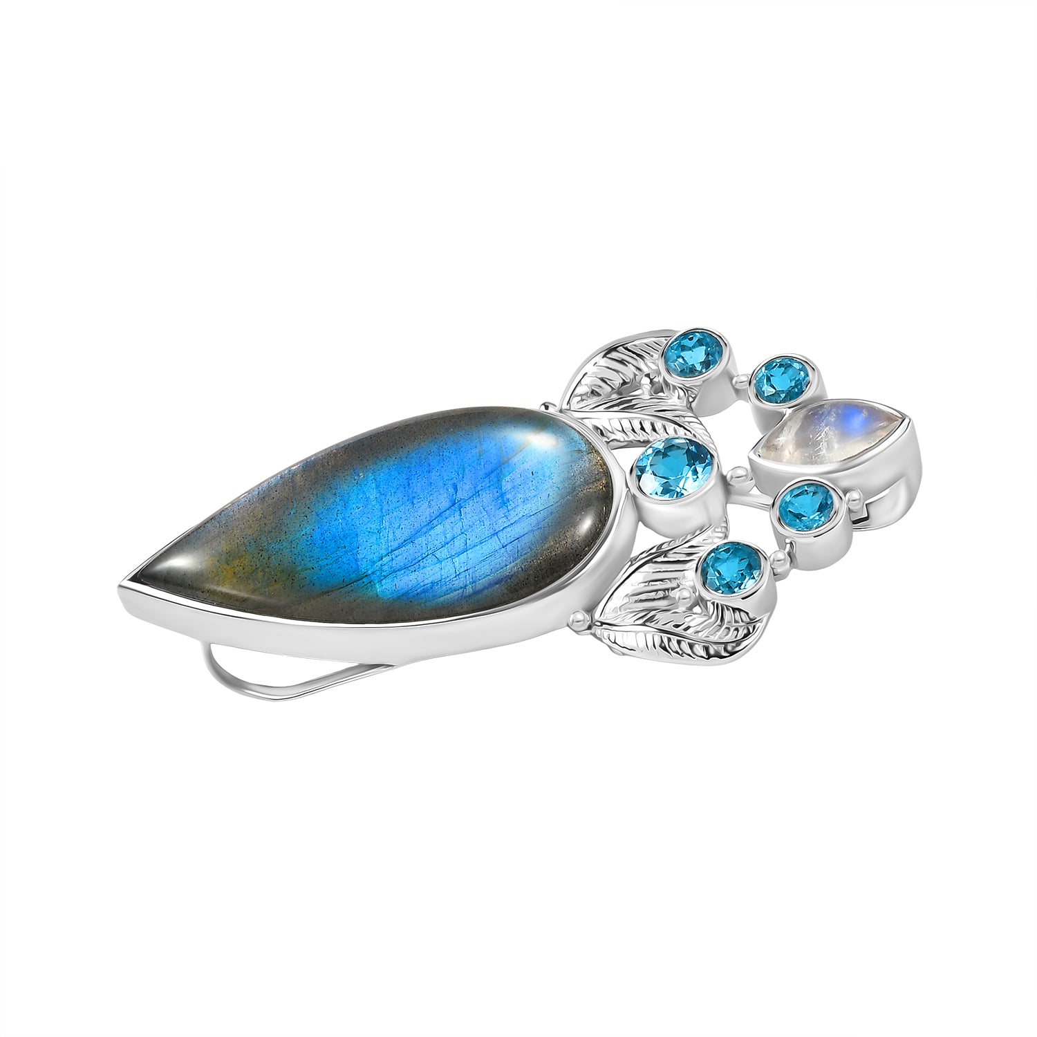Sajen Silber - AAA Labradorit, Regenbogen Mondstein, Schweizer Blautopas Anhänger 925 Silber rhodiniert ca. 28.11 ct