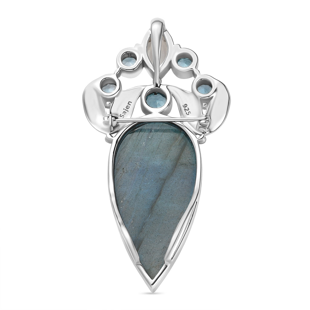Sajen Silber - AAA Labradorit, Regenbogen Mondstein, Schweizer Blautopas Anhänger 925 Silber rhodiniert ca. 28.11 ct