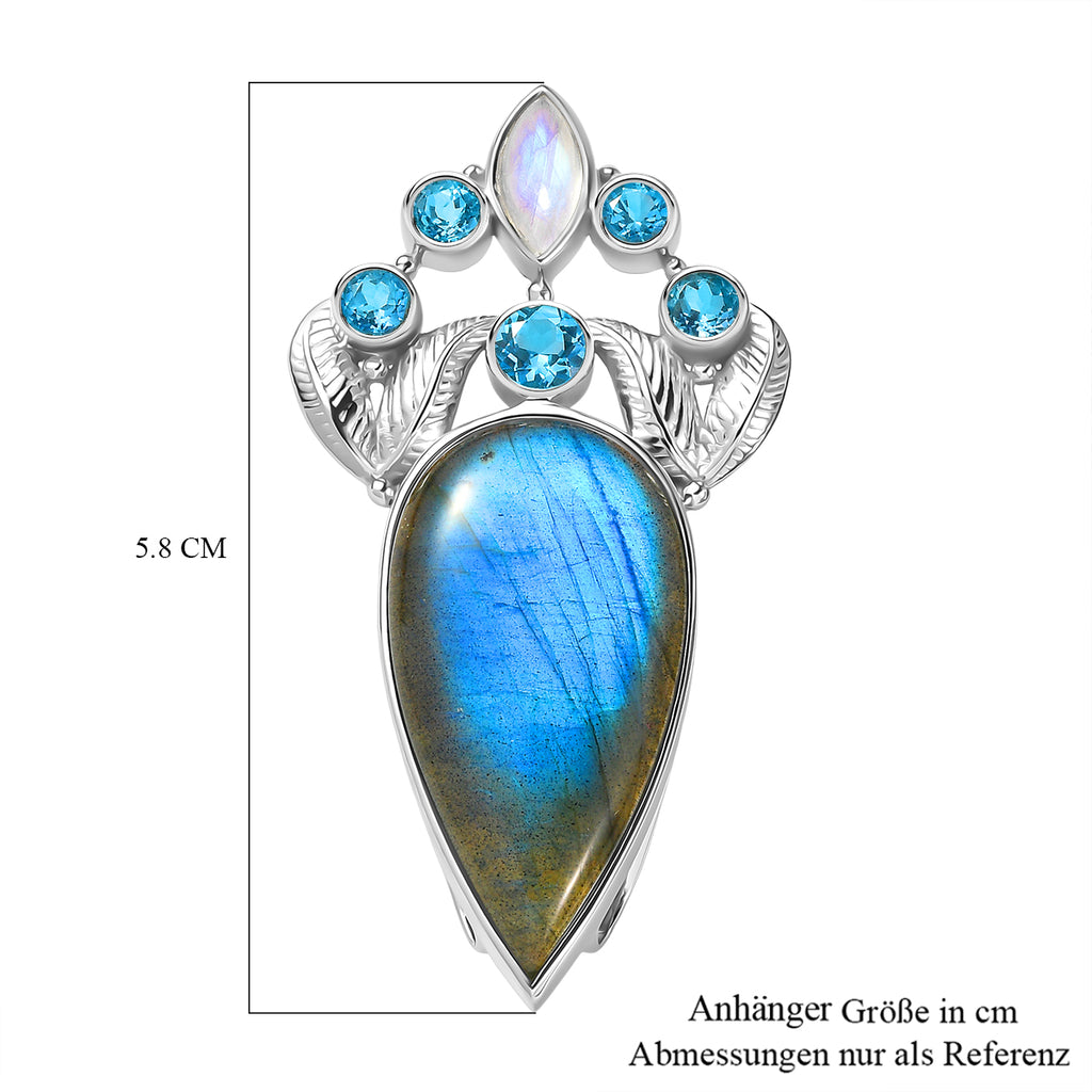 Sajen Silber - AAA Labradorit, Regenbogen Mondstein, Schweizer Blautopas Anhänger 925 Silber rhodiniert ca. 28.11 ct