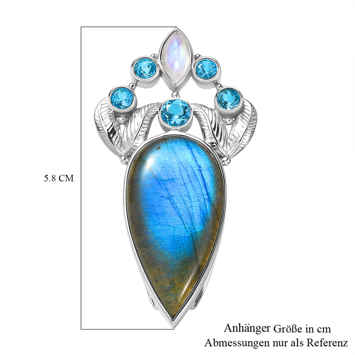 Sajen Silber - AAA Labradorit, Regenbogen Mondstein, Schweizer Blautopas Anhänger 925 Silber rhodiniert ca. 28.11 ct