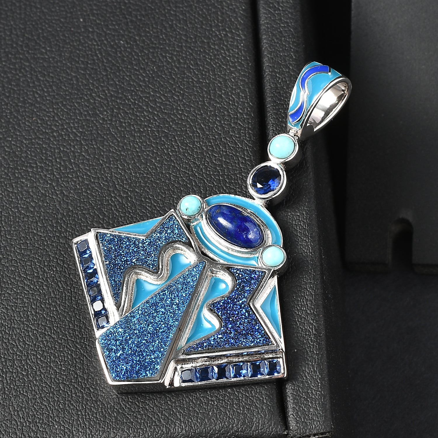 Sajen Silber - Blauer Drusy Quarz, Lapislazuli, Türkis Anhänger 925 Silber rhodiniert ca. 4.40 ct