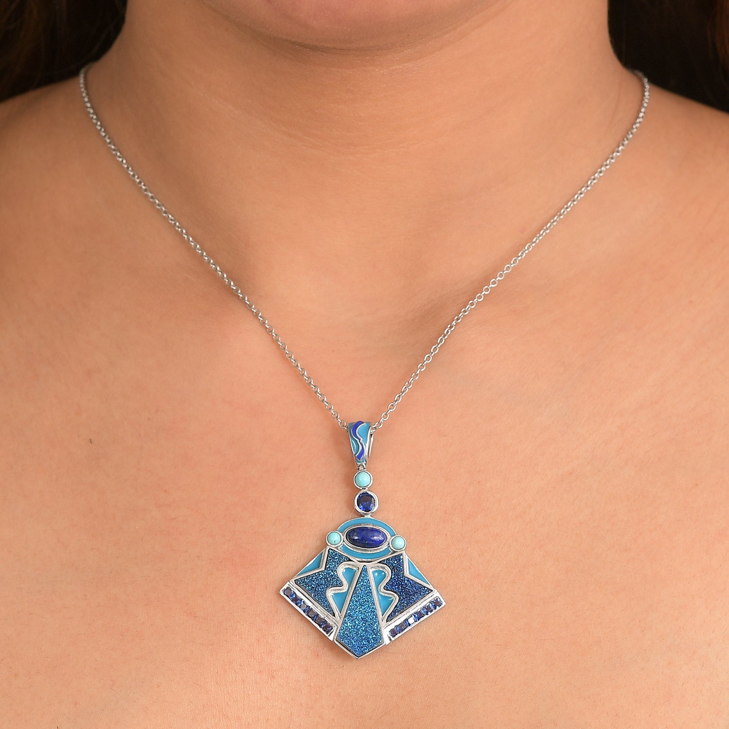 Sajen Silber - Blauer Drusy Quarz, Lapislazuli, Türkis Anhänger 925 Silber rhodiniert ca. 4.40 ct