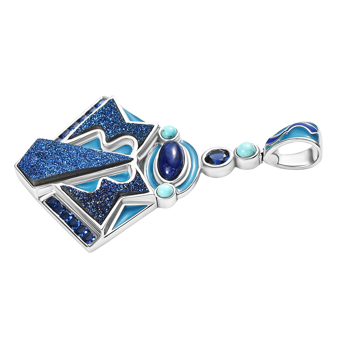 Sajen Silber - Blauer Drusy Quarz, Lapislazuli, Türkis Anhänger 925 Silber rhodiniert ca. 4.40 ct
