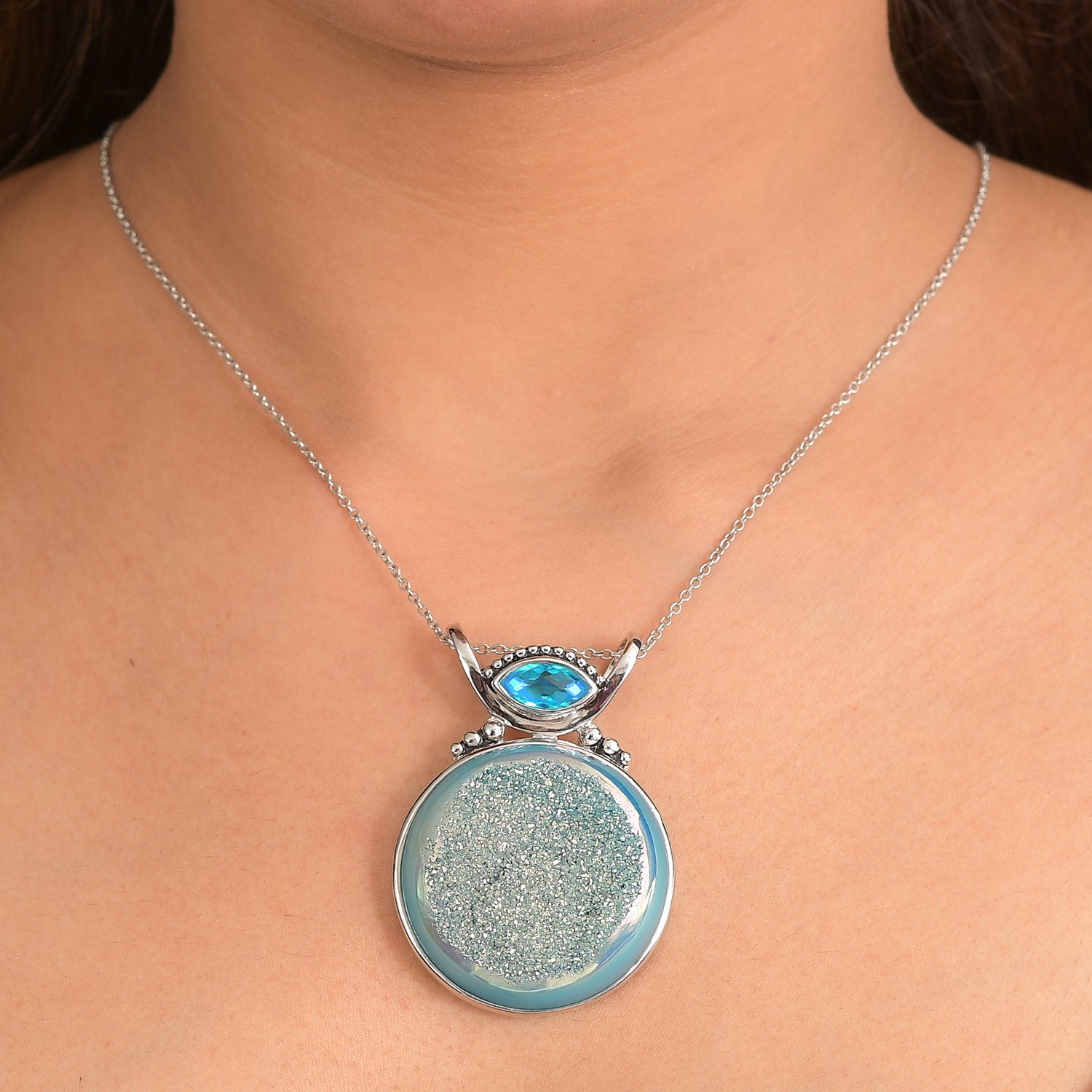 Sajen Silber - AAA Drusy, Regenbogen Paraiba Anhänger 925 Silber rhodiniert ca. 113.60 ct