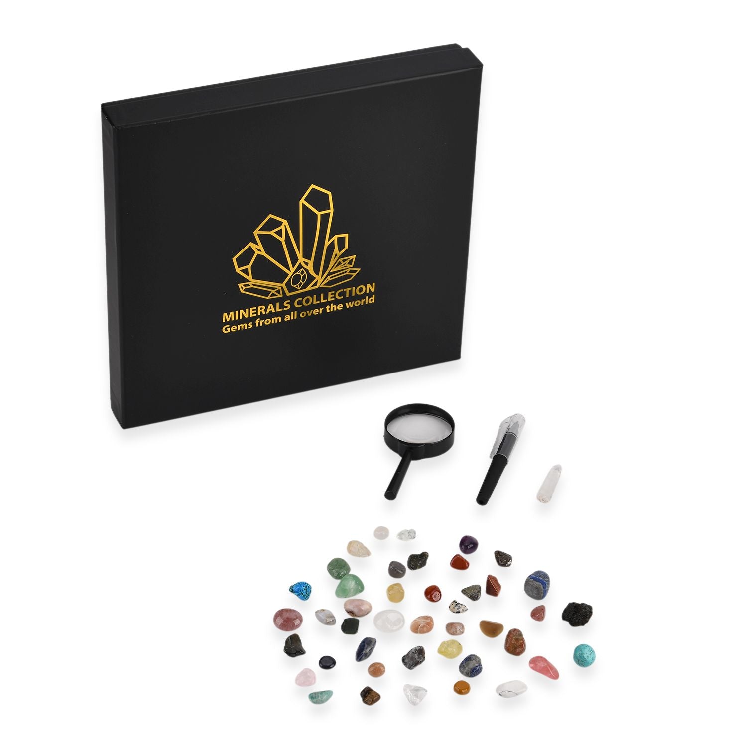 LIVMORE Mineralien Sammlung Set 45 teilig mit Bergkristall und Lupe, Mehrfarbig