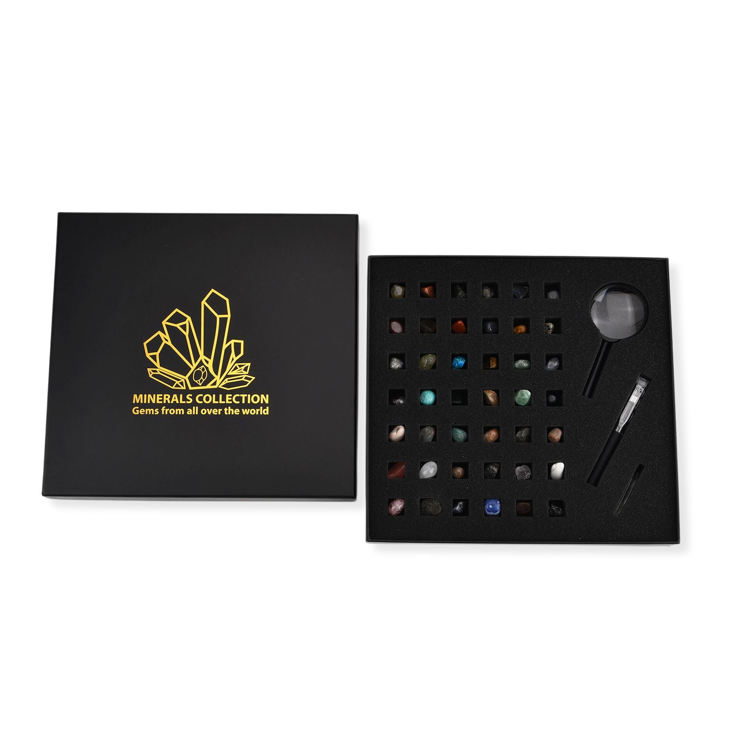 LIVMORE Mineralien Sammlung Set 45 teilig mit Bergkristall und Lupe, Mehrfarbig