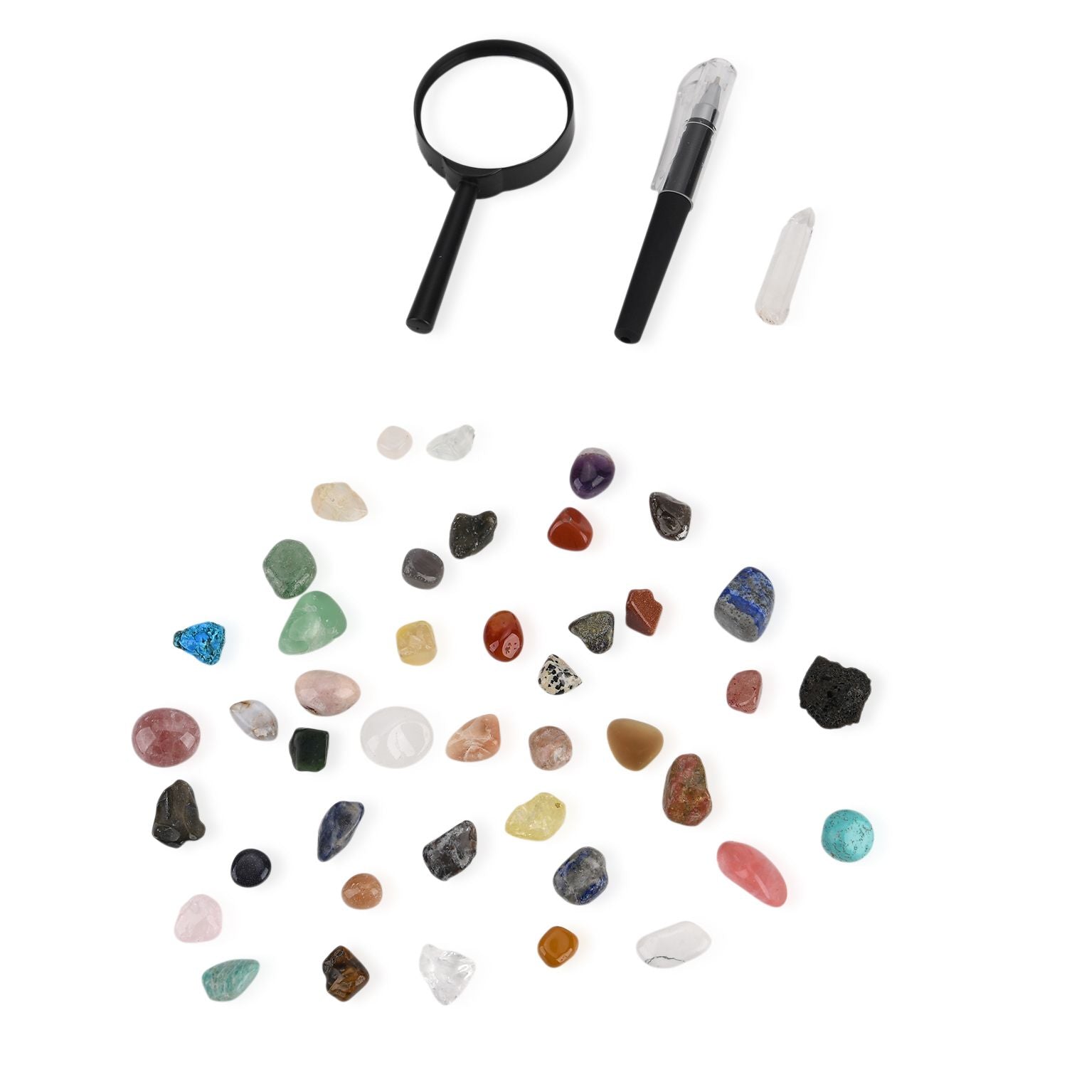 LIVMORE Mineralien Sammlung Set 45 teilig mit Bergkristall und Lupe, Mehrfarbig