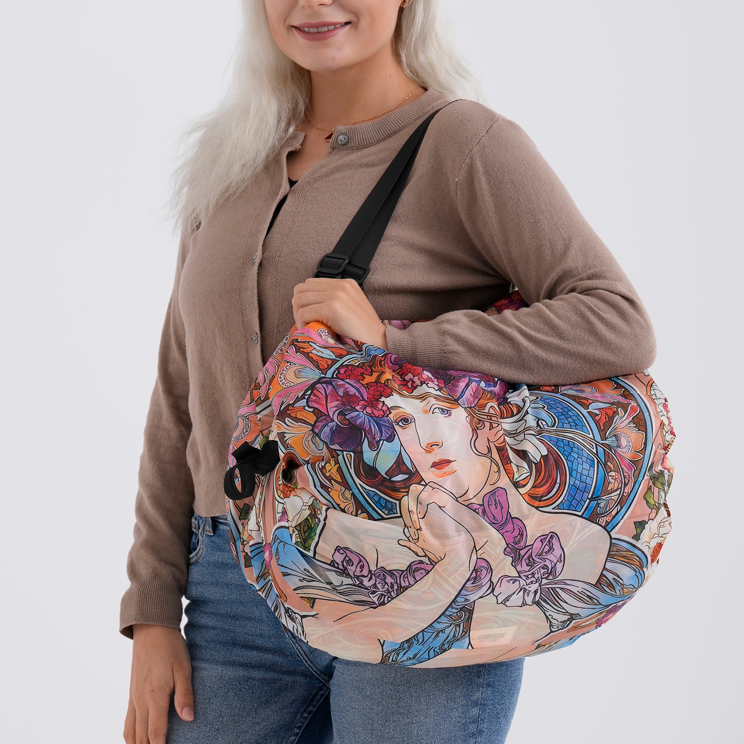 Faltbare Einkaufstasche mit Reißverschlussfach 50 x 70 cm Dunkelgrün Rosa Mädchenmotiv