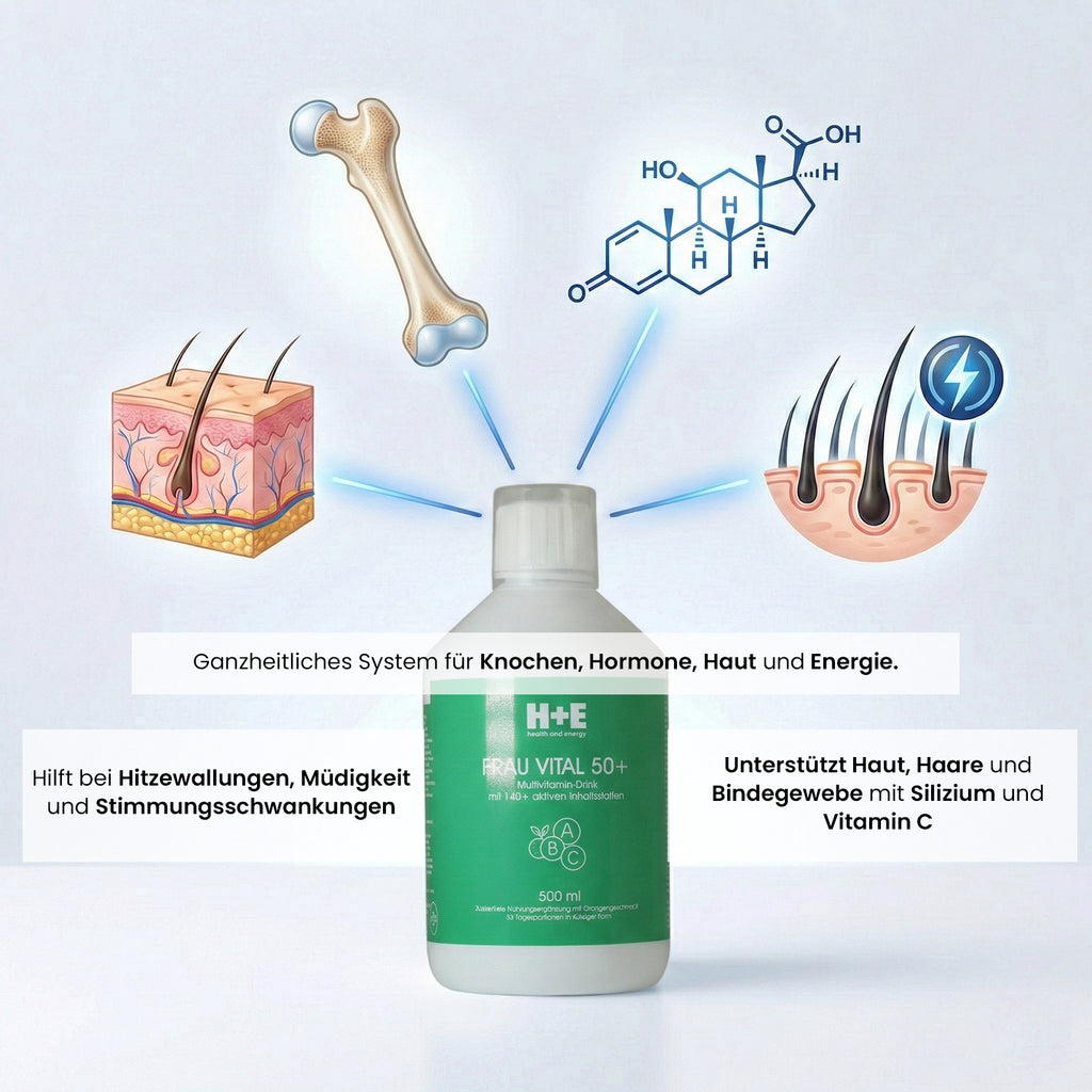 H+E Vital Balance 50+ Flüssigkonzentrat für Hormone, Knochen und Zellschutz