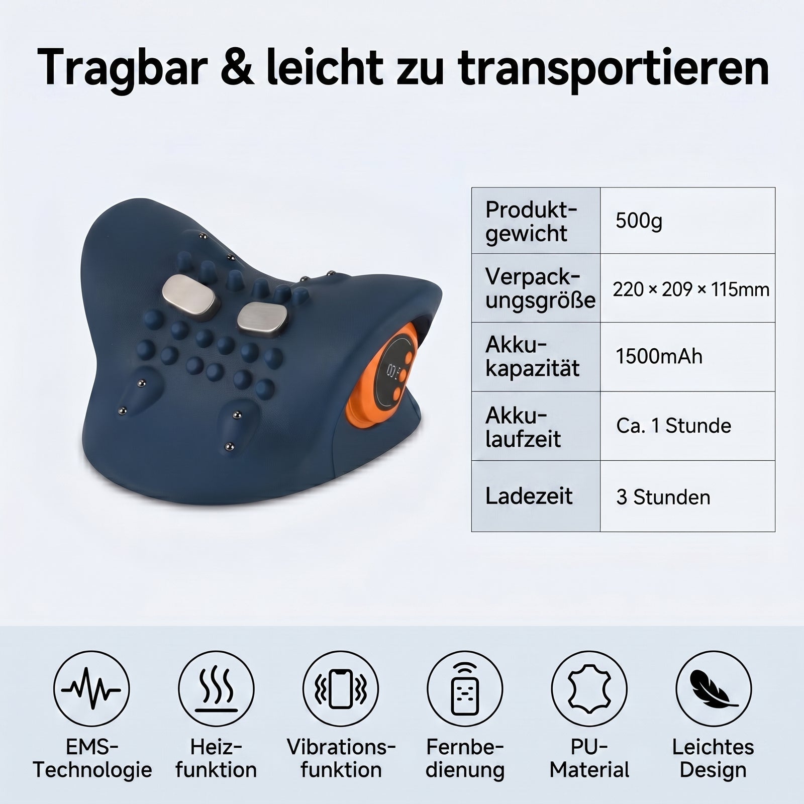 LIVMORE EMS-Nackenmassagegerät mit Fernbedienung, 6 Intensitätsstufen, 1500 mAh Akku, Dunkelblau
