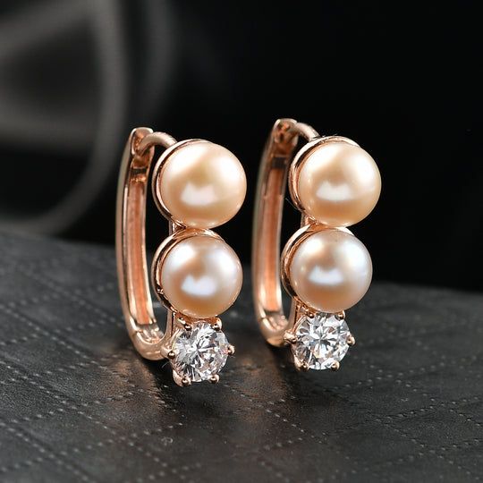 EVER TRUE Pfirsich-Süßwasser Perle (6-6.5 mm), Weißer Zirkonia Ohrringe Nickelfreies Messing, roséfarben
