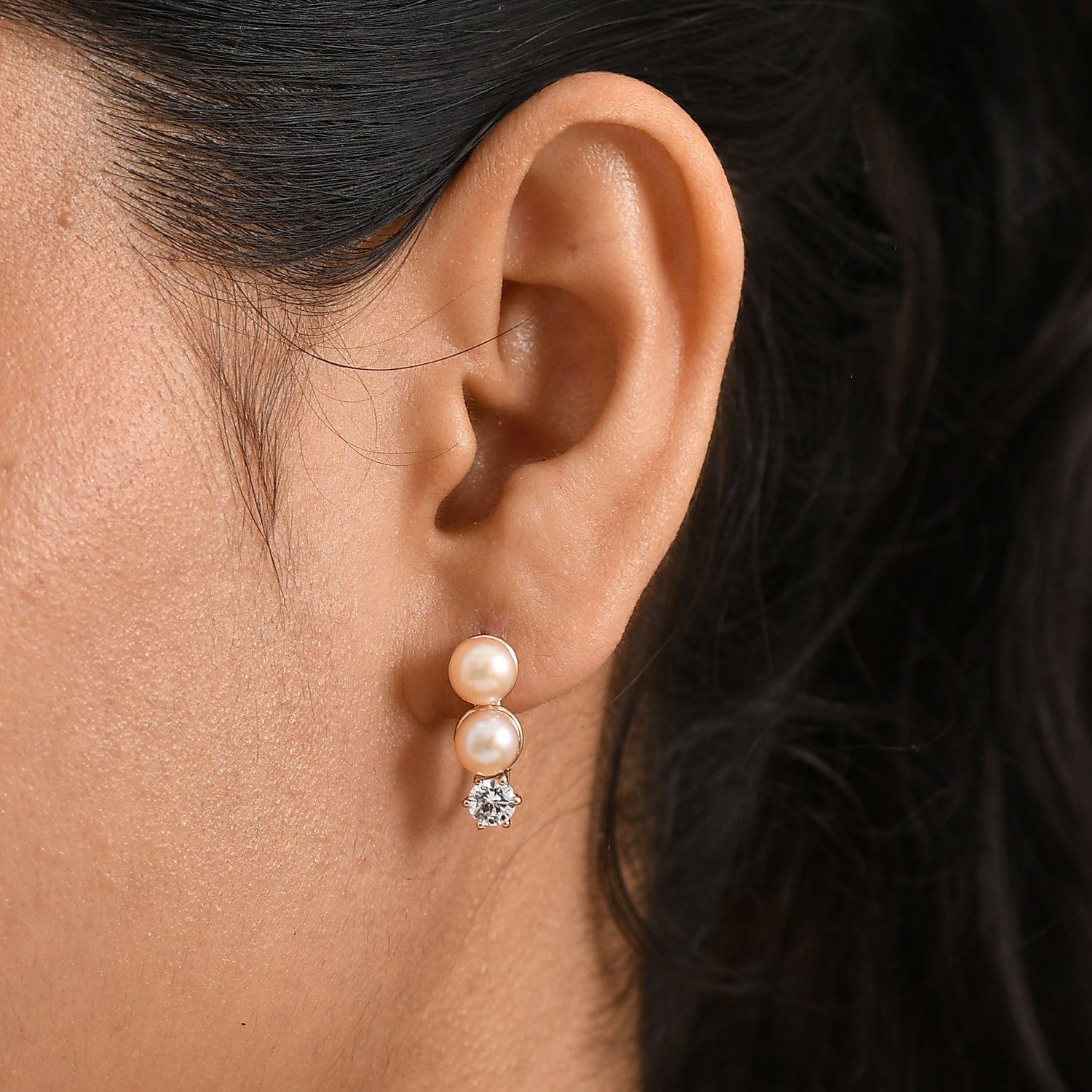 EVER TRUE Pfirsich-Süßwasser Perle (6-6.5 mm), Weißer Zirkonia Ohrringe Nickelfreies Messing, roséfarben