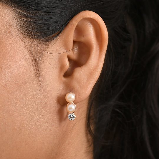 EVER TRUE Pfirsich-Süßwasser Perle (6-6.5 mm), Weißer Zirkonia Ohrringe Nickelfreies Messing, roséfarben