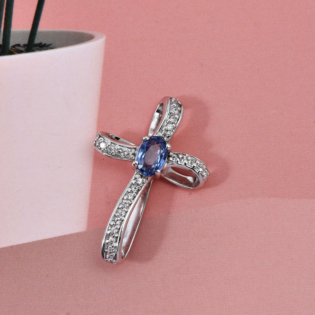 D'Joy Ceylon-Saphir, Weißer Zirkon Anhänger 925 Silber rhodiniert ca. 0.77 ct