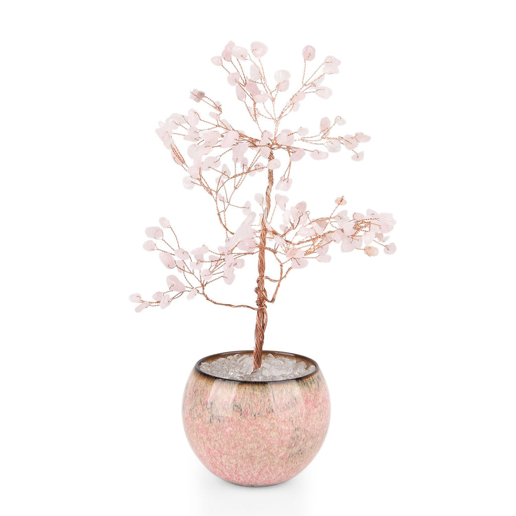 LIVMORE Edelsteinbaum mit 168 Rosenquarz Perlen Keramikschale ca. 18 cm Rosa
