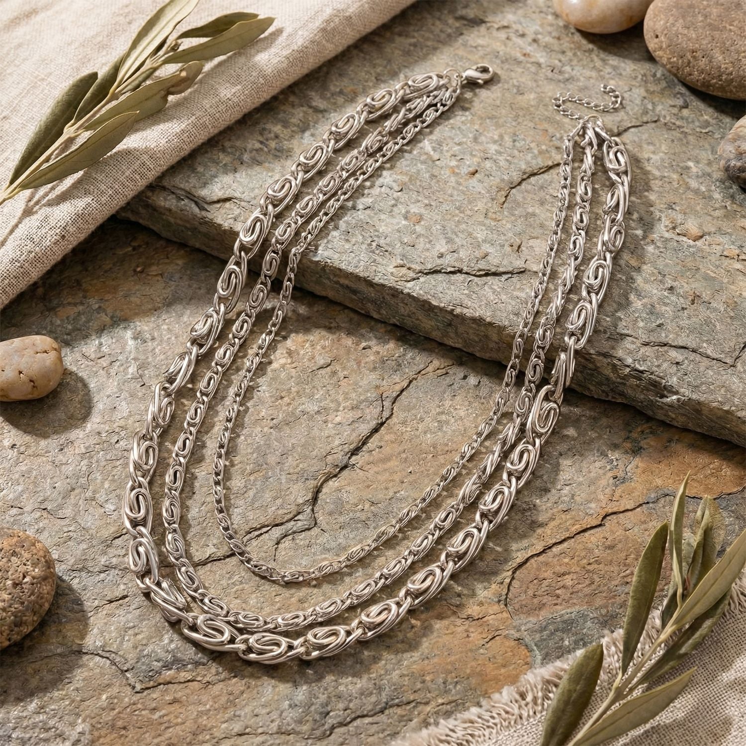 Mehrreihiges Byzantiner Collier, Nickelfreies Messing, ca. 47 cm + 3.5 cm Extender, Silberfarben