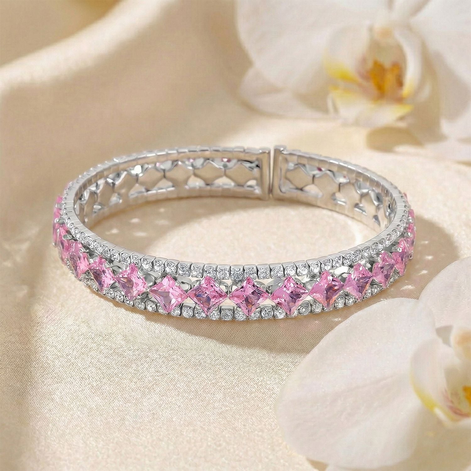 Rosa Zirkonia, Weißer Zirkonia Armreif, Flexibles (ca. 18-19 cm), Nickelfreies Messing