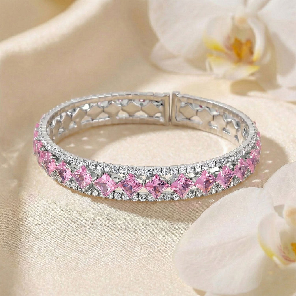 Rosa Zirkonia, Weißer Zirkonia Armreif, Flexibles (ca. 18-19 cm), Nickelfreies Messing