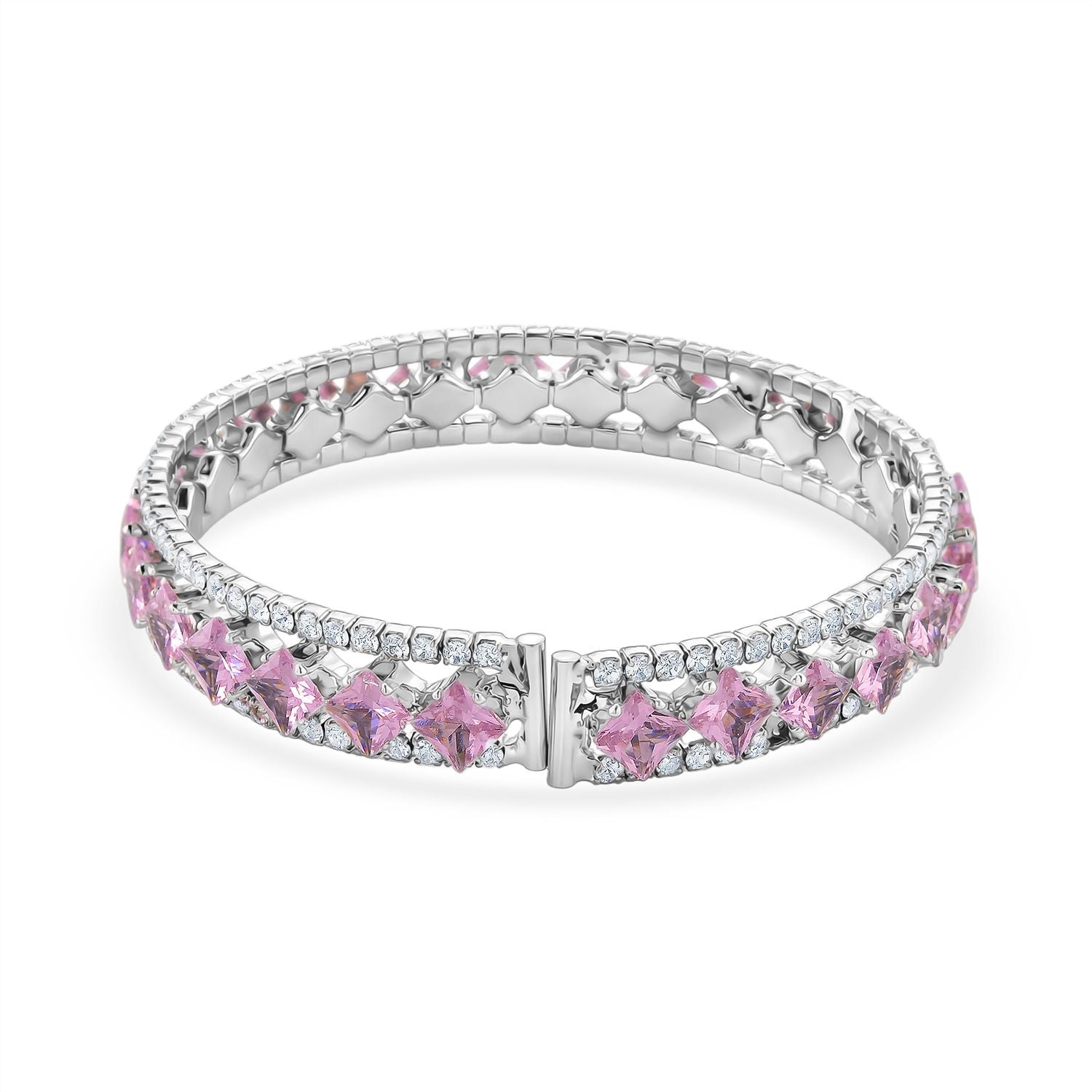 Rosa Zirkonia, Weißer Zirkonia Armreif, Flexibles (ca. 18-19 cm), Nickelfreies Messing