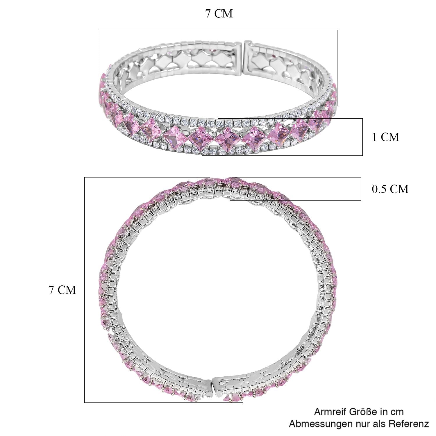 Rosa Zirkonia, Weißer Zirkonia Armreif, Flexibles (ca. 18-19 cm), Nickelfreies Messing