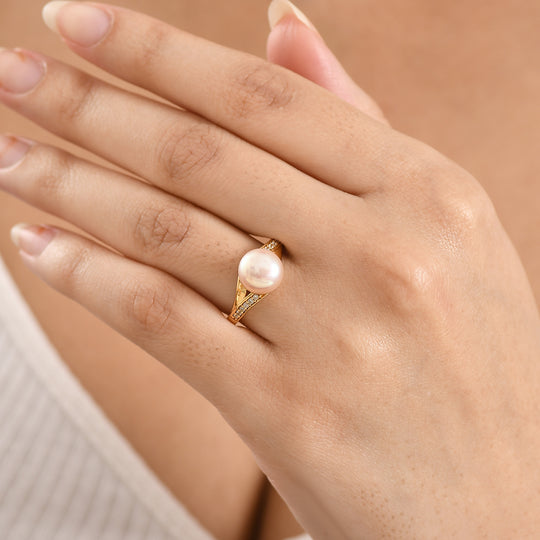EVER TRUE Pfirsich-Süßwasser Perle (9-9.5 mm), Weißer Zirkon Ring Nickelfreies Messing, goldfarben, (Größe 21.00)