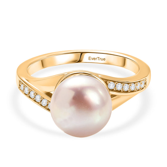 EVER TRUE Pfirsich-Süßwasser Perle (9-9.5 mm), Weißer Zirkon Ring Nickelfreies Messing, goldfarben, (Größe 21.00)