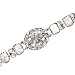 Indischen Handwerkkunst: Keshi-Stil Süßwasser Perle, Polki-Moissanit Armband ca. 18.5 cm 925 Silber Rhodiniert 32.72 ct