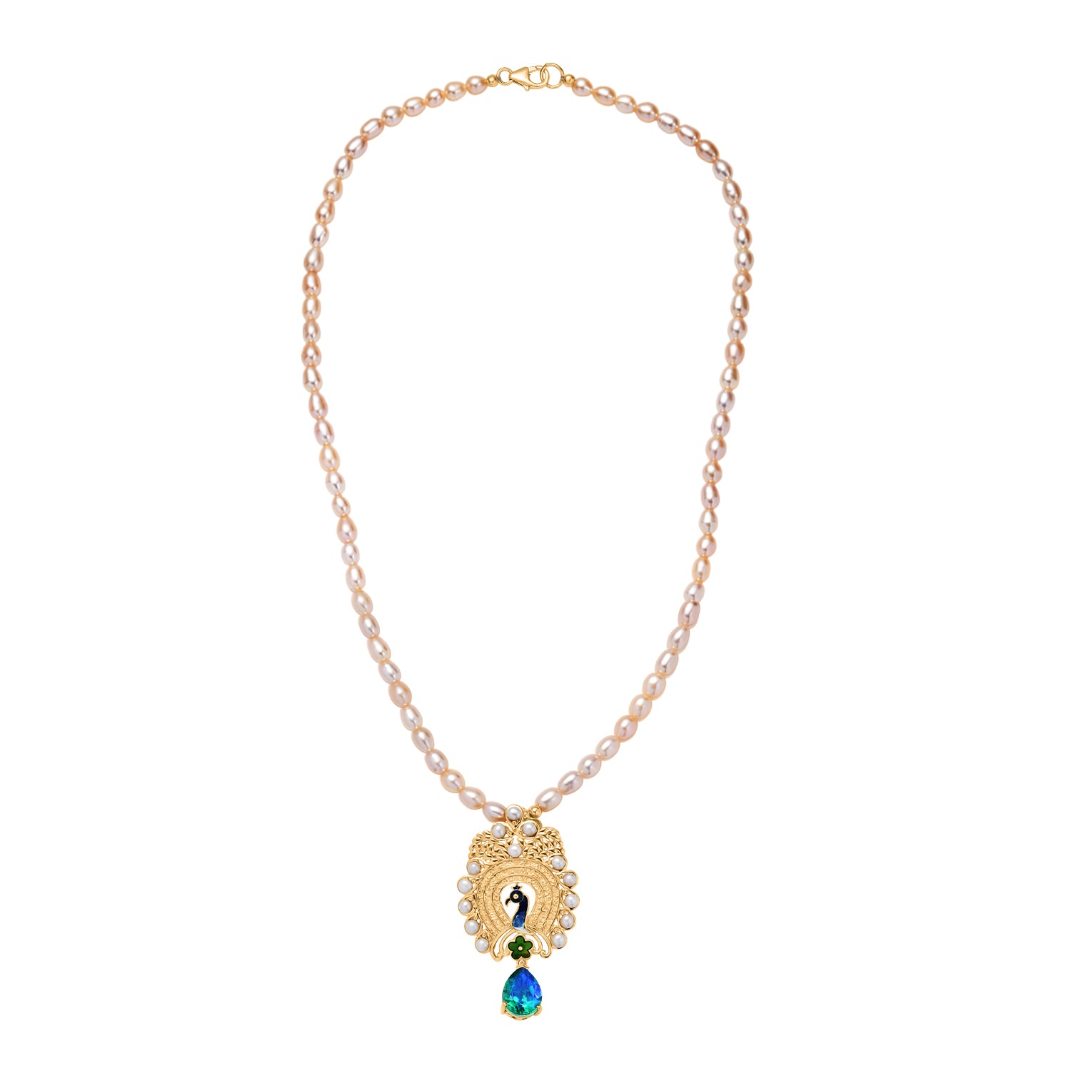 D'Joy Pfau Quarz Triplette, Pfirsich Perle (4-4.5mm) Halskette ca. 45 cm 925 Silber 750 Gelbgold Vermeil