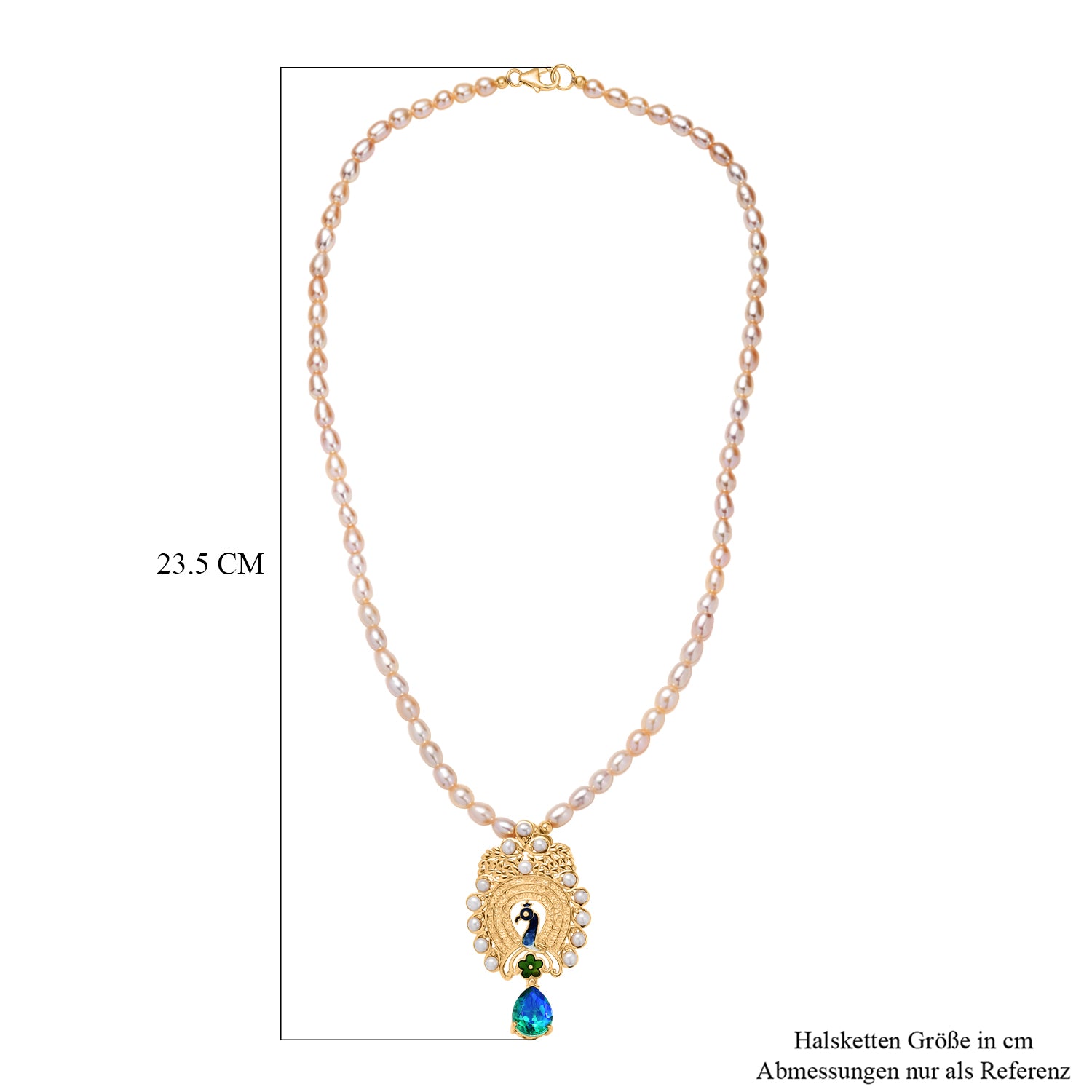 D'Joy Pfau Quarz Triplette, Pfirsich Perle (4-4.5mm) Halskette ca. 45 cm 925 Silber 750 Gelbgold Vermeil