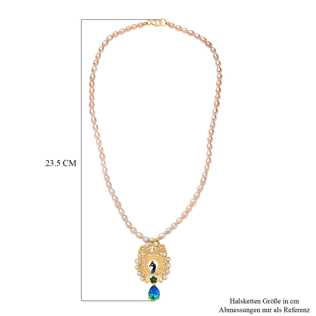 D'Joy Pfau Quarz Triplette, Pfirsich Perle (4-4.5mm) Halskette ca. 45 cm 925 Silber 750 Gelbgold Vermeil