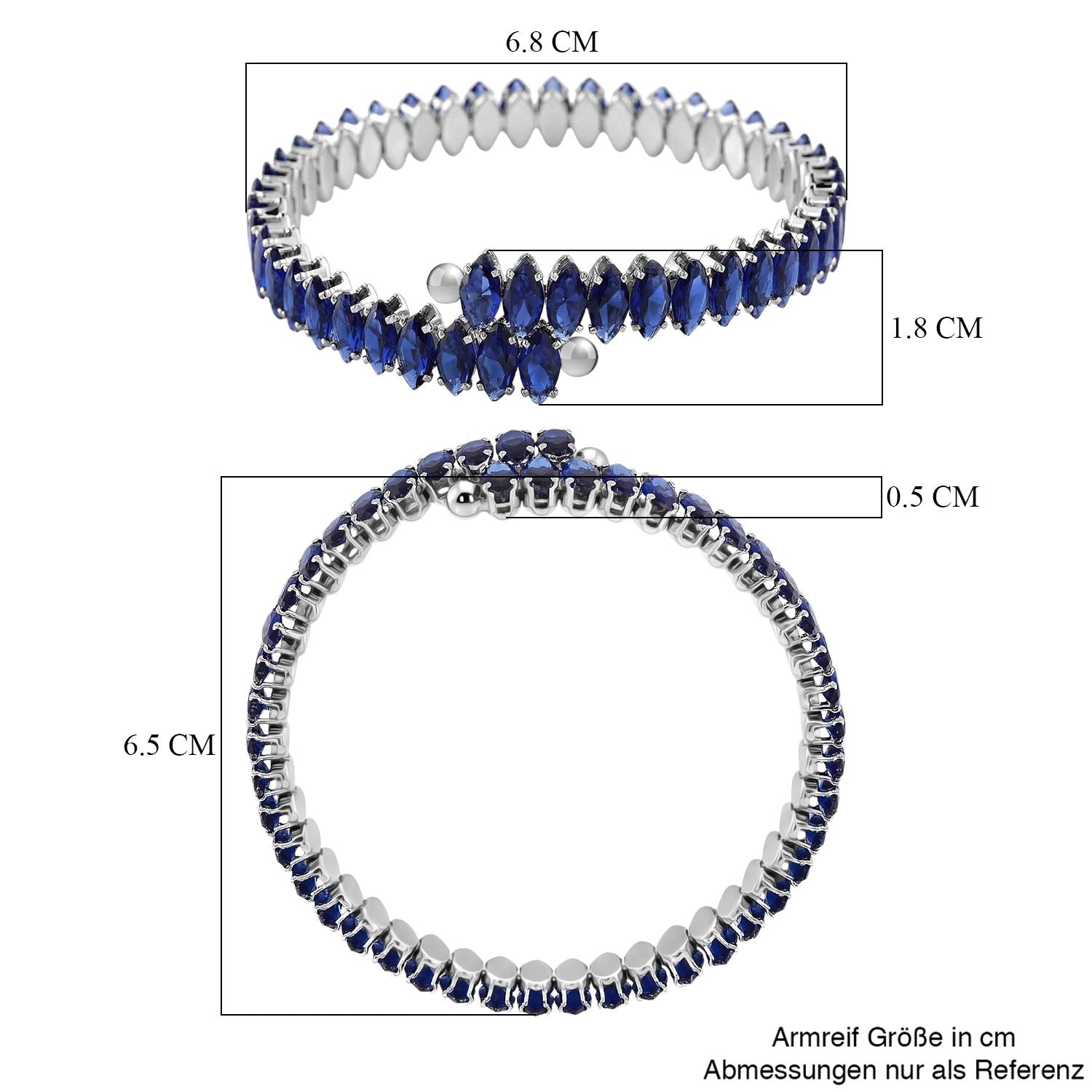 Blau Kristall Armreif, flexibel (ca. 17 cm - 19.75 cm), Nickelfreies Messing