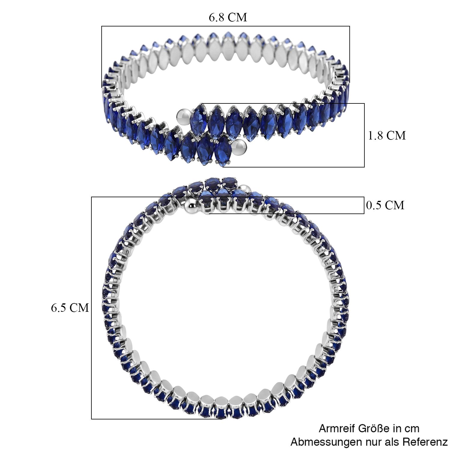 Blau Kristall Armreif, flexibel (ca. 17 cm - 19.75 cm), Nickelfreies Messing