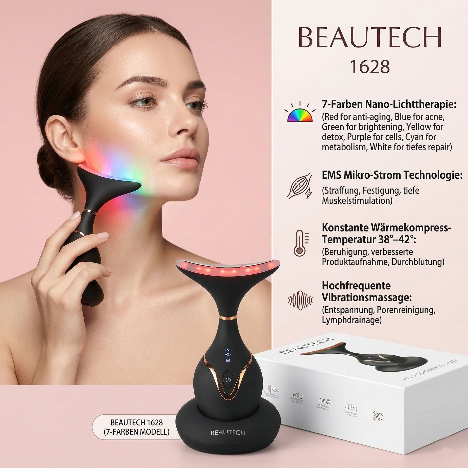 BEAUTECH Gesichts und Halsbehandlungs massagegerät, mit Nano-Lichttherapie, 1640 mAh, Schwarz