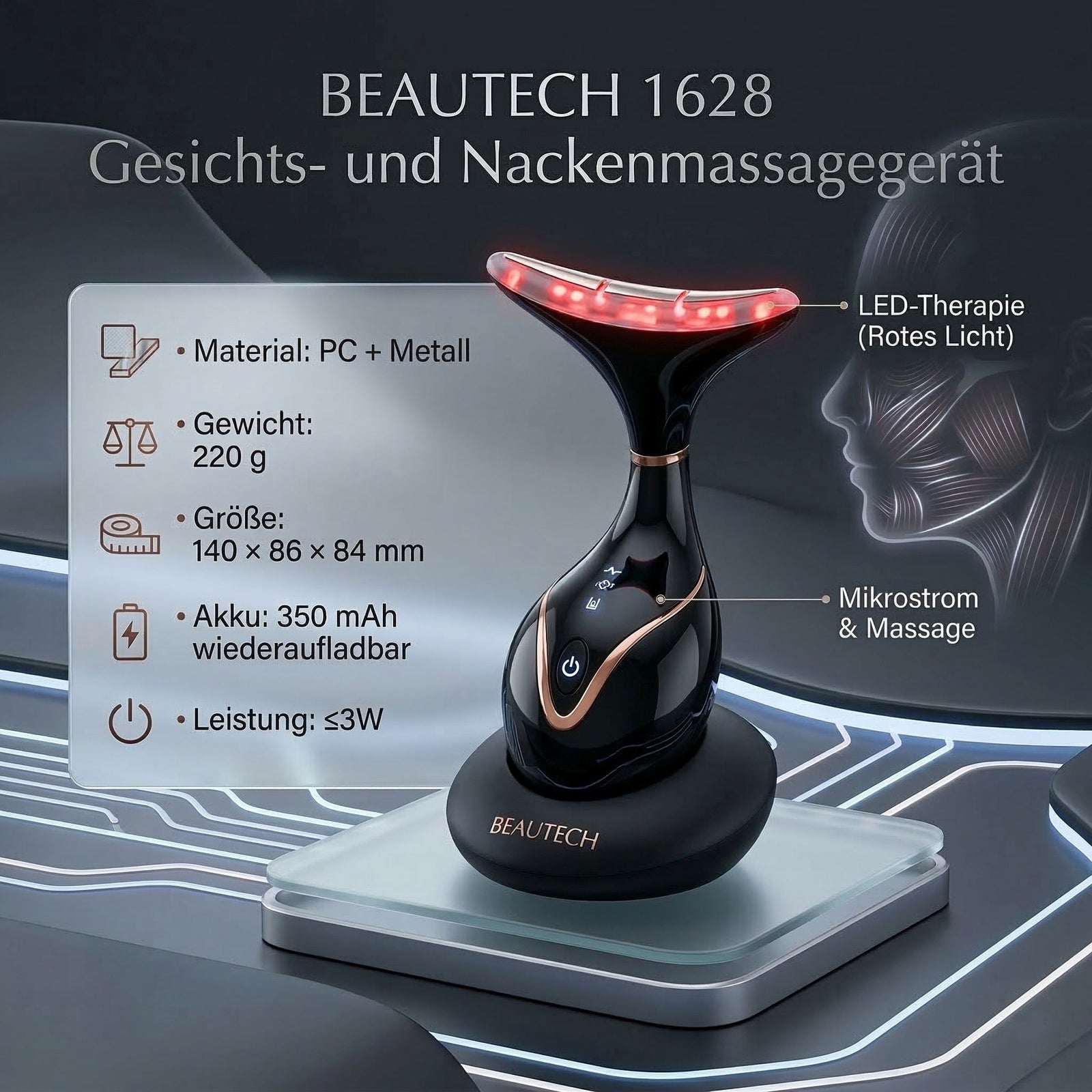 BEAUTECH Gesichts und Halsbehandlungs massagegerät, mit Nano-Lichttherapie, 1640 mAh, Schwarz
