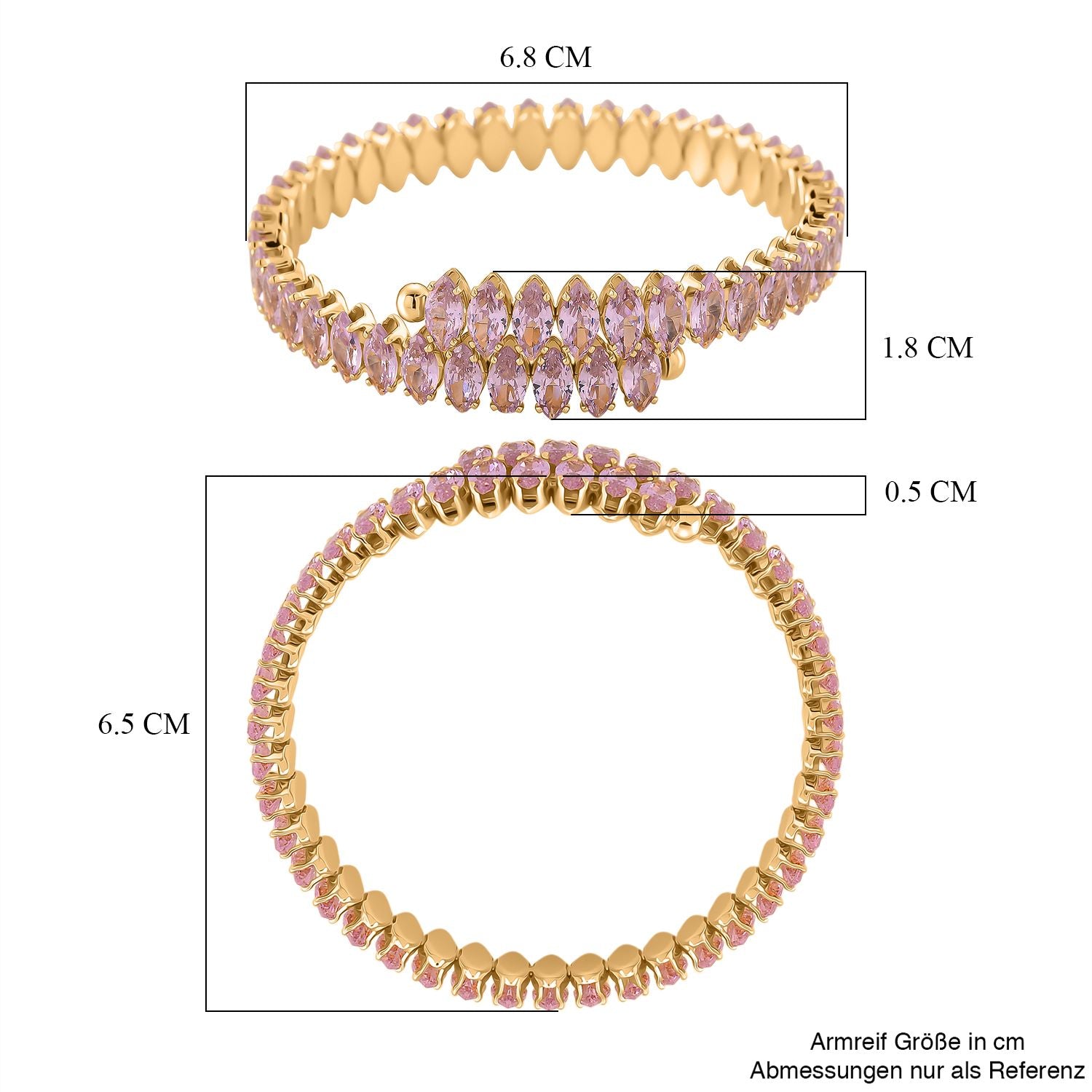 Rosa Zirkonia Armreif, flexibel (ca. 17 cm - 19.75 cm), Nickelfreies Messing gelb vergoldet