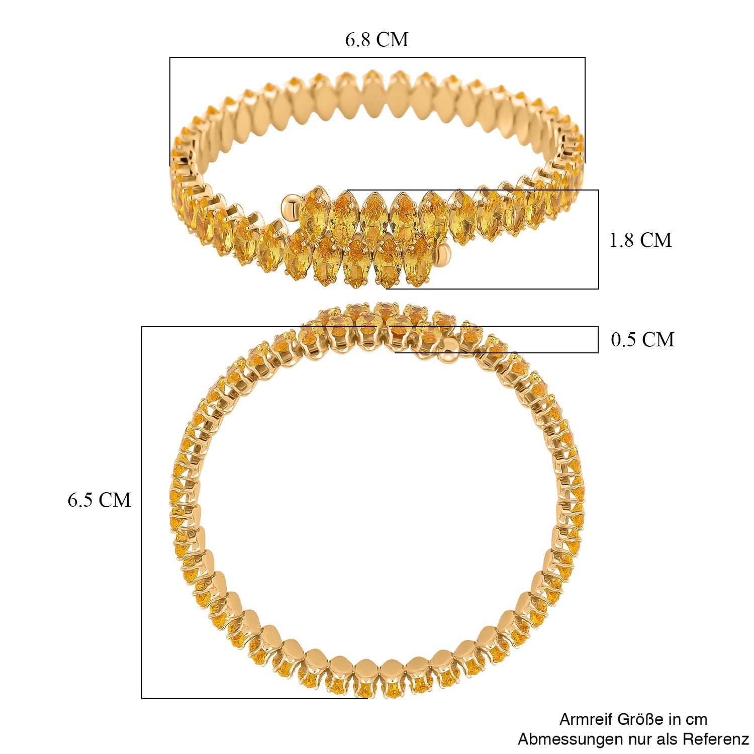 Goldgelber Zirkonia Armreif, flexibel (ca. 17 cm - 19.75 cm), Nickelfreies Messing gelb vergoldet
