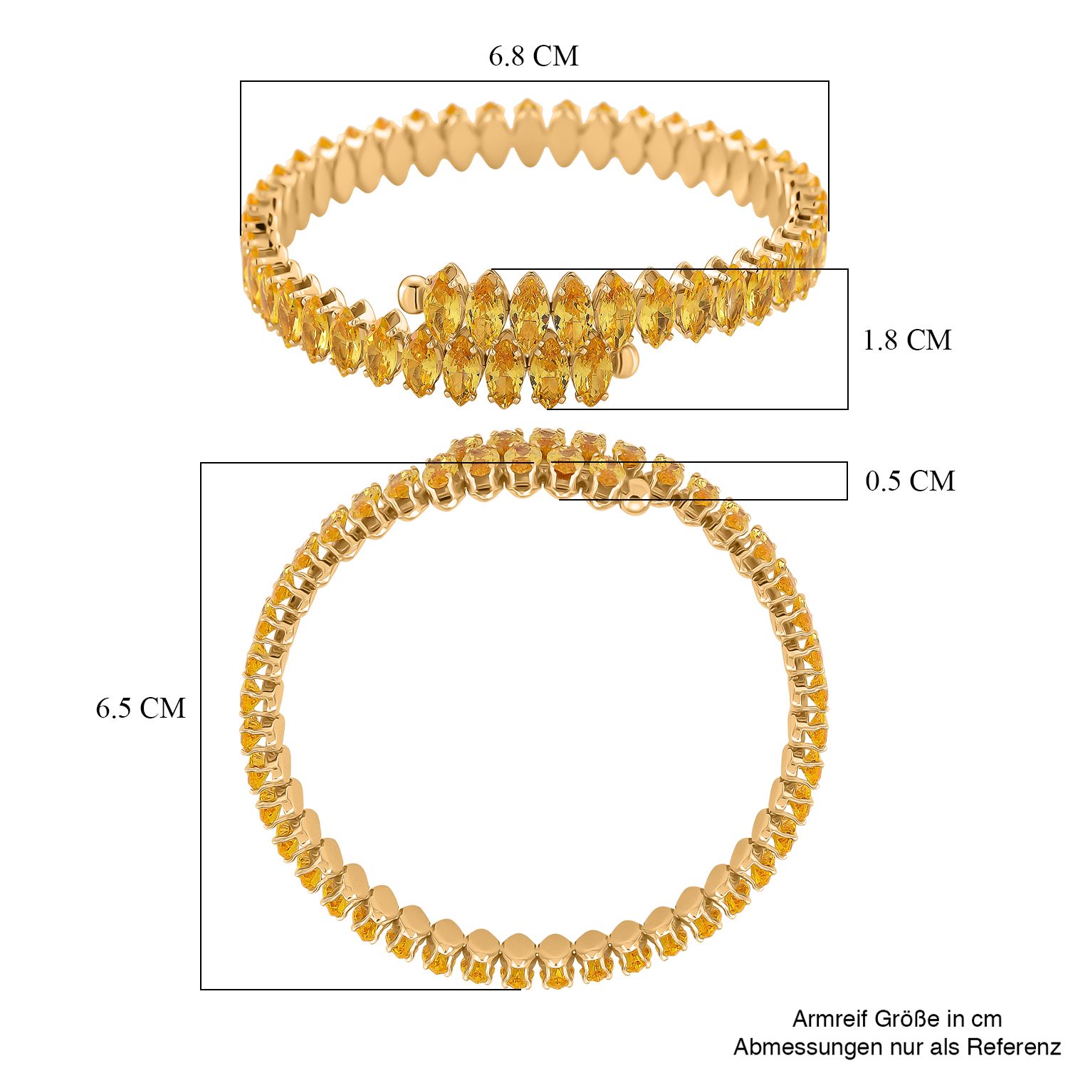 Goldgelber Zirkonia Armreif, flexibel (ca. 17 cm - 19.75 cm), Nickelfreies Messing gelb vergoldet