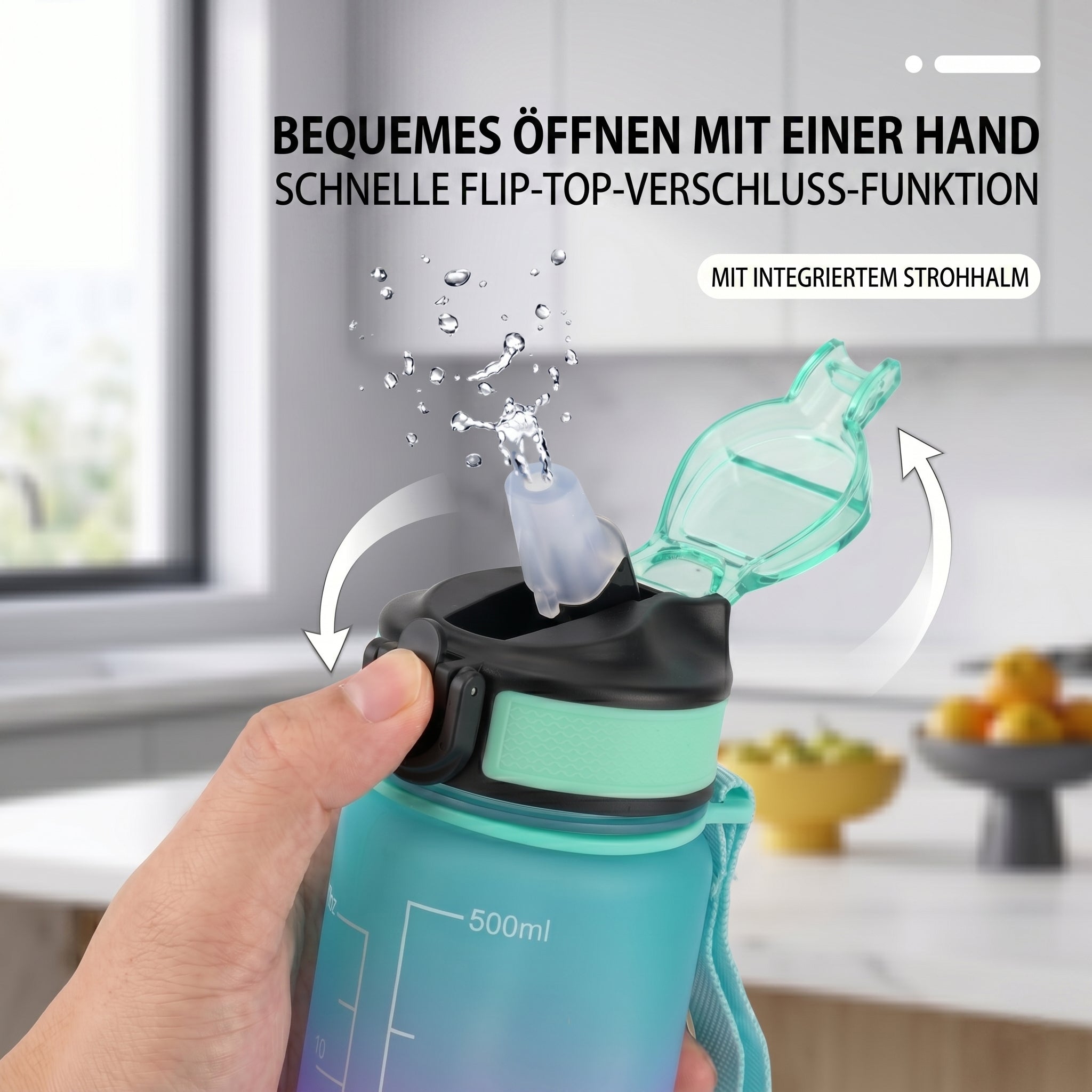 LIVMORE Komfort Trinkflasche mit Trinkhalm und Trageschlaufe, 500 ml, Blau Pink Ombre