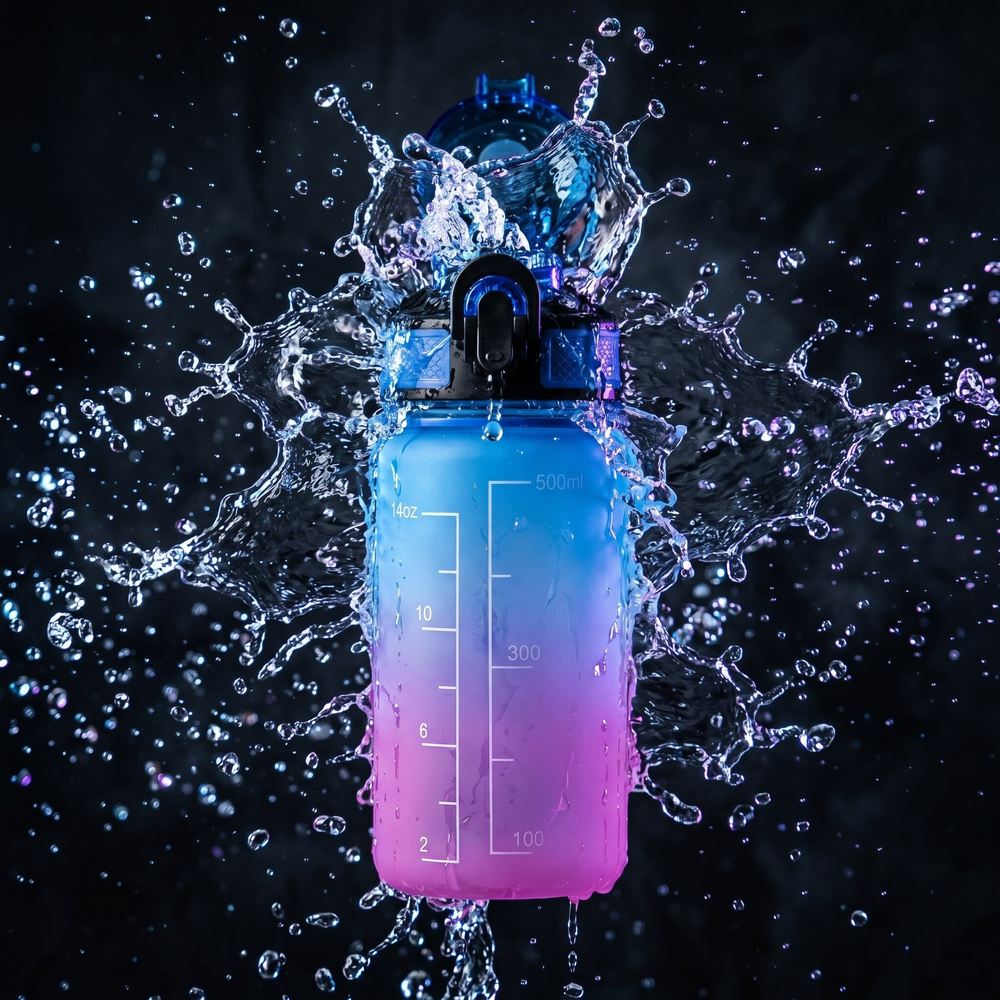 LIVMORE Komfort Trinkflasche mit Trinkhalm und Trageschlaufe, 500 ml, Blau Pink Ombre