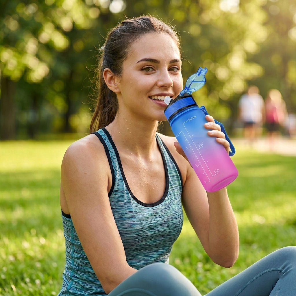 LIVMORE Komfort Trinkflasche mit Trinkhalm und Trageschlaufe, 500 ml, Blau Pink Ombre
