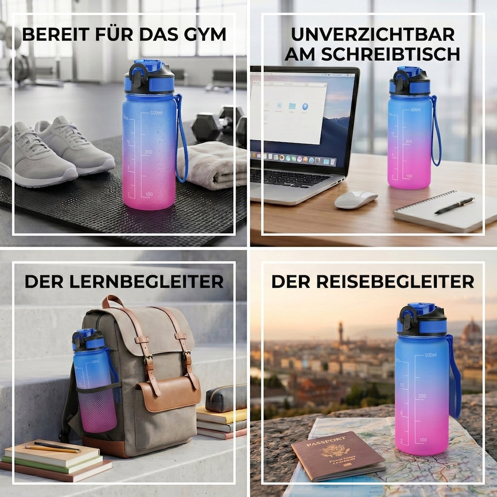 LIVMORE Komfort Trinkflasche mit Trinkhalm und Trageschlaufe, 500 ml, Blau Pink Ombre