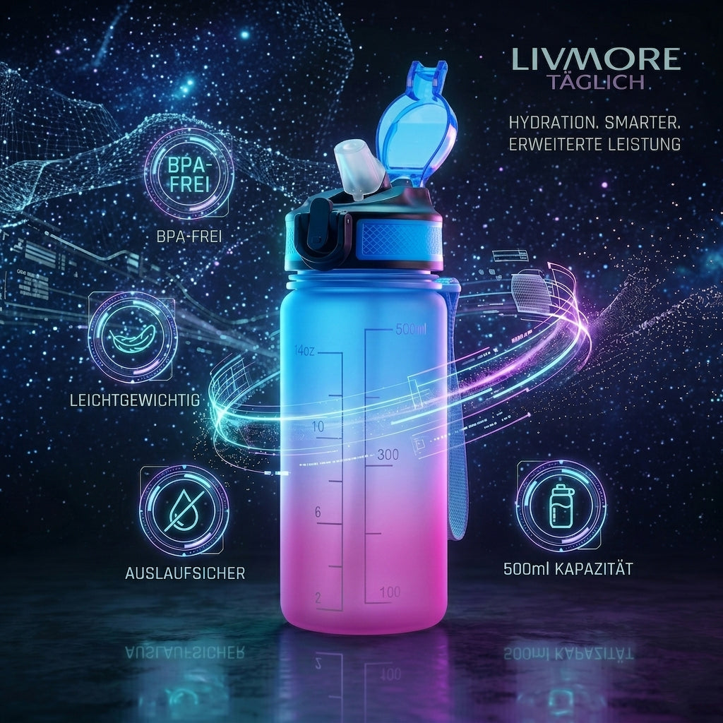 LIVMORE Komfort Trinkflasche mit Trinkhalm und Trageschlaufe, 500 ml, Blau Pink Ombre
