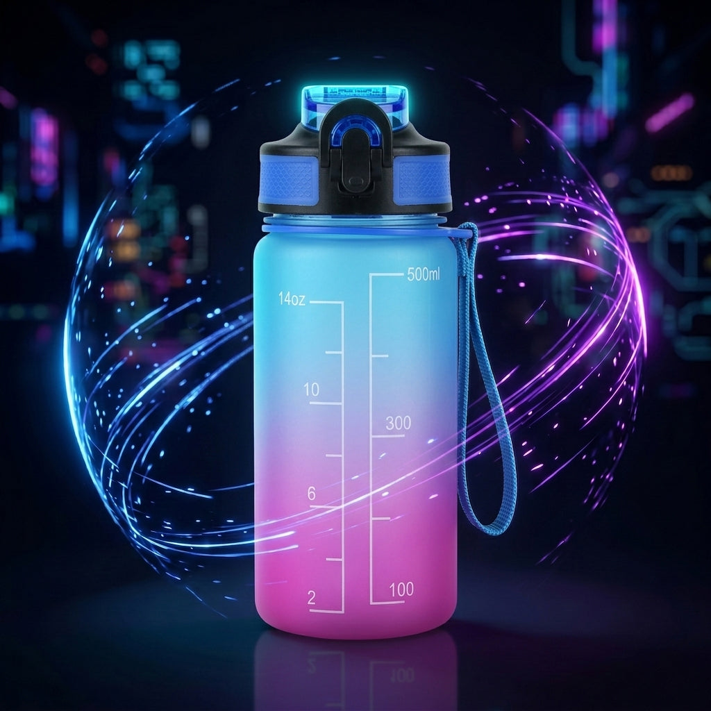 LIVMORE Komfort Trinkflasche mit Trinkhalm und Trageschlaufe, 500 ml, Blau Pink Ombre