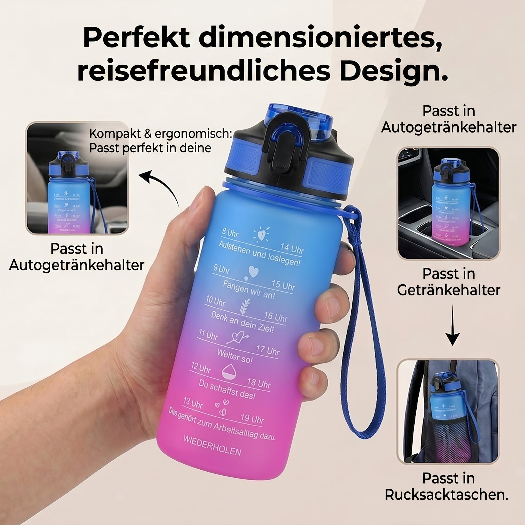LIVMORE Komfort Trinkflasche mit Trinkhalm und Trageschlaufe, 500 ml, Blau Pink Ombre