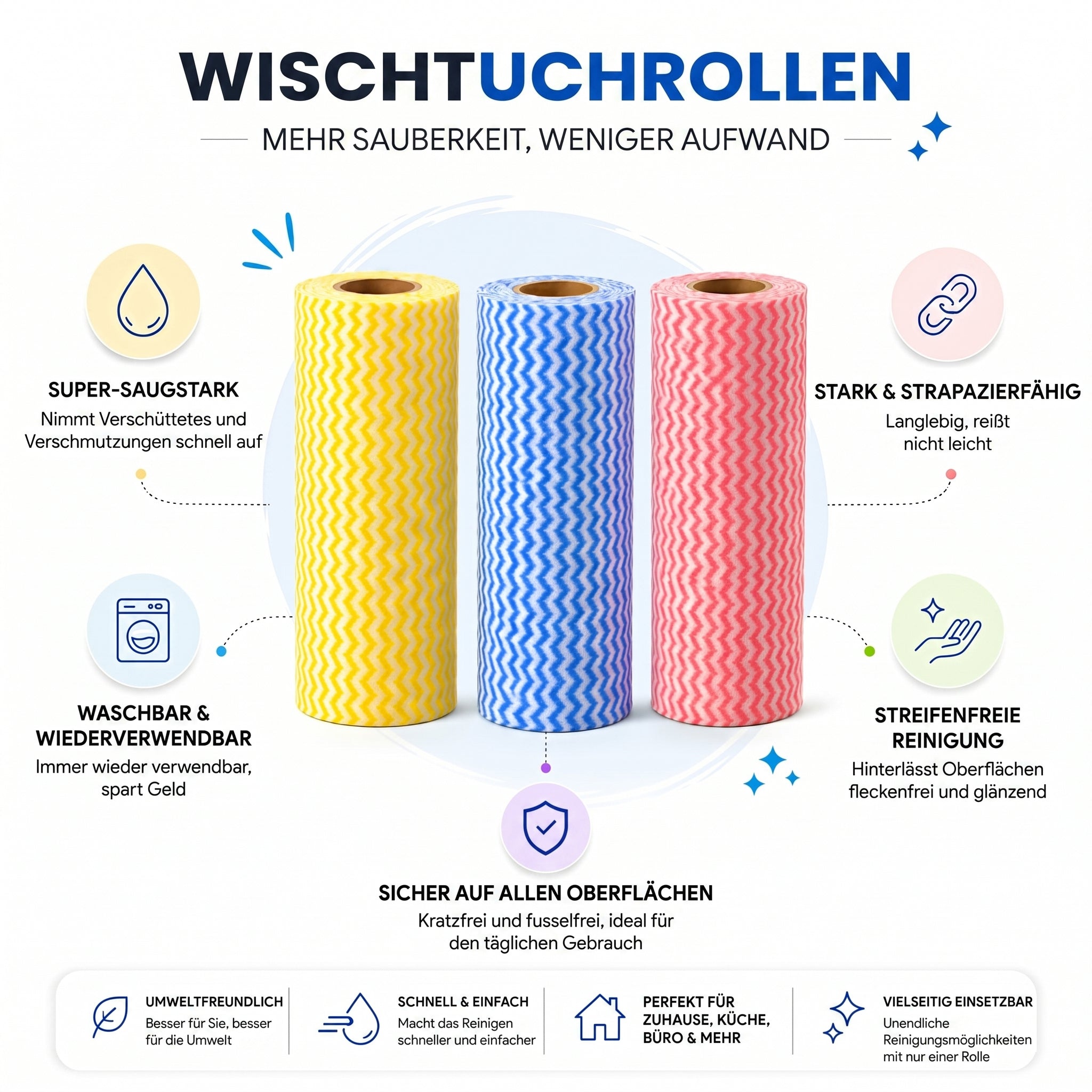 LIVMORE 3er Set Reinigungstuchrollen, Polyester, je 20 x 40 cm, Mehrfarbig